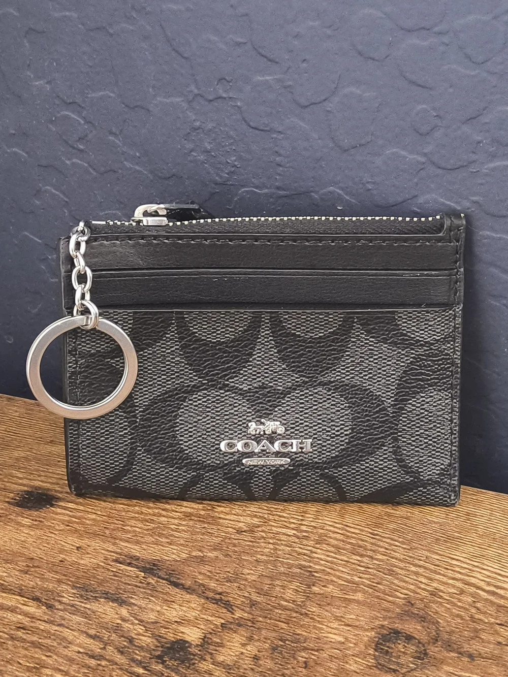 Coach Signature Black Zip Card Case with Keyring